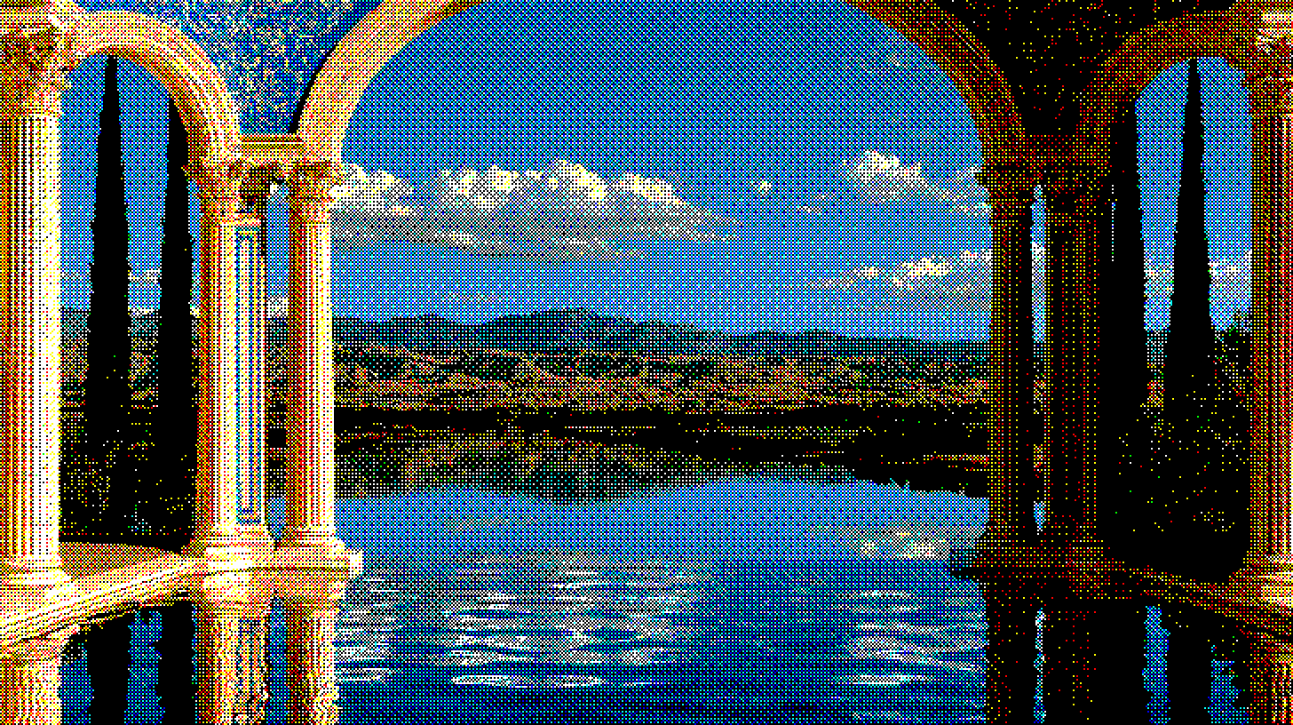 A classical loggia opening onto a reflecting pool